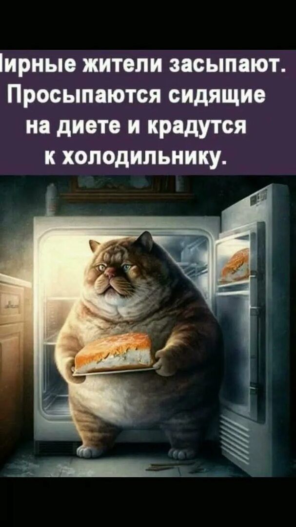 Пирные жители засыпaют. Просыпаются сидящие на диете и крадутся к холодильнику.