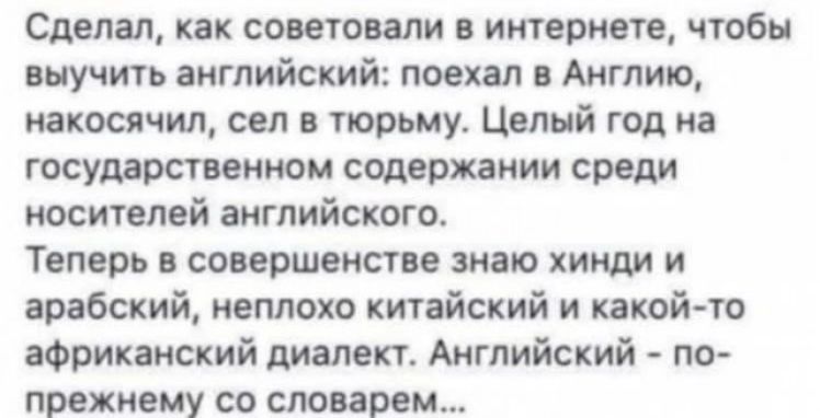 Сделал, как советовали в интернете, чтобы выучить английский: поехал в Англию, накосячил, сел в тюрьму. Целый год на государственном содержании среди носителей английского. Теперь в совершенстве знаю хинди и арабский, неплохой китайский и какой-то африканский диалект. Английский - попрежнему со словарем...