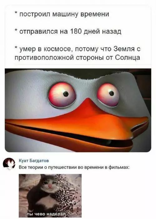 * построил машину времени
* отправился на 180 дней назад
* умер в космосе, потому что Земля с противоположной стороны от Солнца

Куат Багдатов
Все теории о путешествии во времени в фильмах:
Ты че наделал