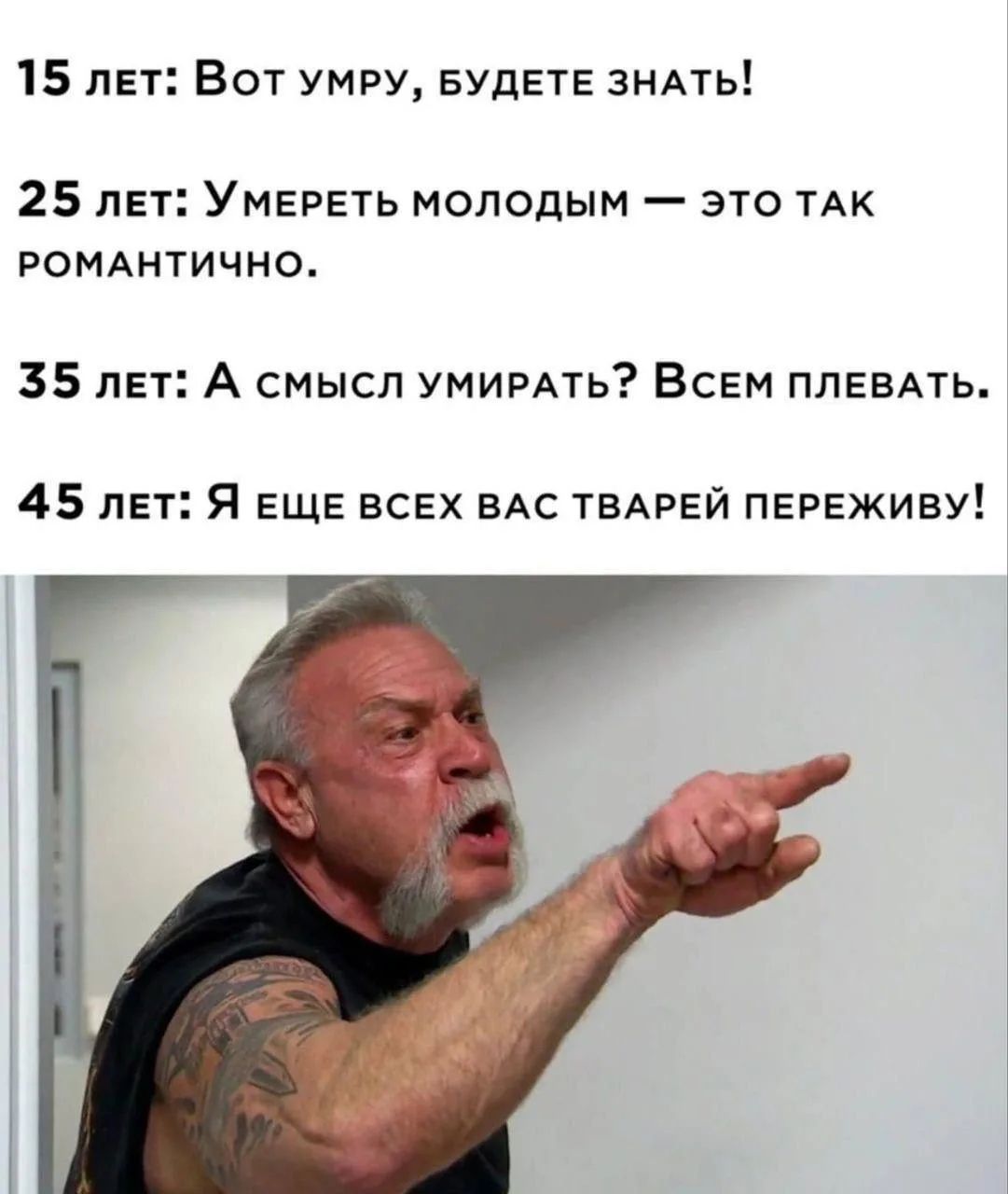 15 лет: Вот умру, будете знать!
25 лет: Умереть молодым — это так романтично.
35 лет: А смысл умирать? Всем плевать.
45 лет: Я еще всех вас тварей переживу!