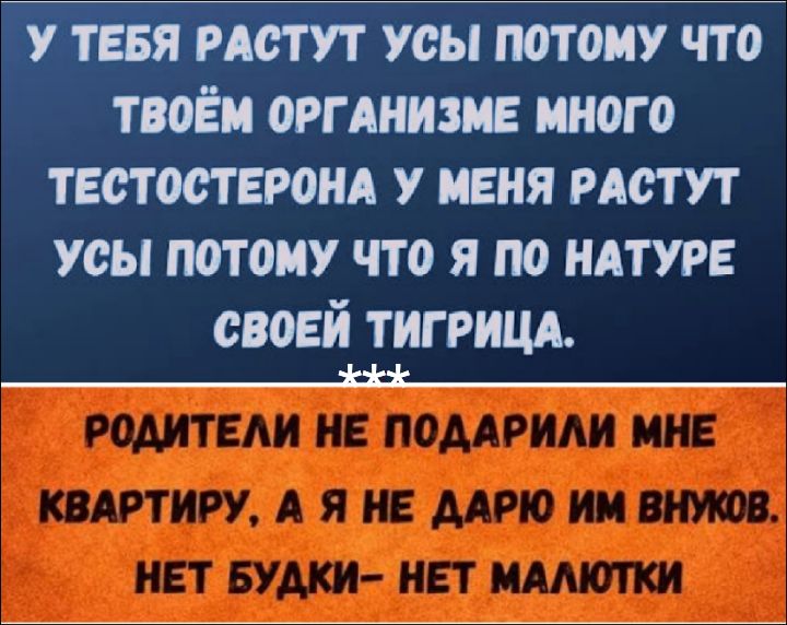 У ТЕБЯ РАСТУТ УСЫ ПОТОМУ ЧТО ТВОЁМ ОРГАНИЗМЕ МНОГО ТЕСТОСТЕРОНА У МЕНЯ РАСТУТ УСЫ ПОТОМУ ЧТО Я ПО НАТУРЕ СВОЕЙ ТИГРИЦА.

РОДИТЕЛИ НЕ ПОДАРИЛИ МНЕ КВАРТИРУ, А Я НЕ ДАРЮ ИМ ВНУКОВ. НЕТ БУДКИ- НЕТ МАЛЮТКИ