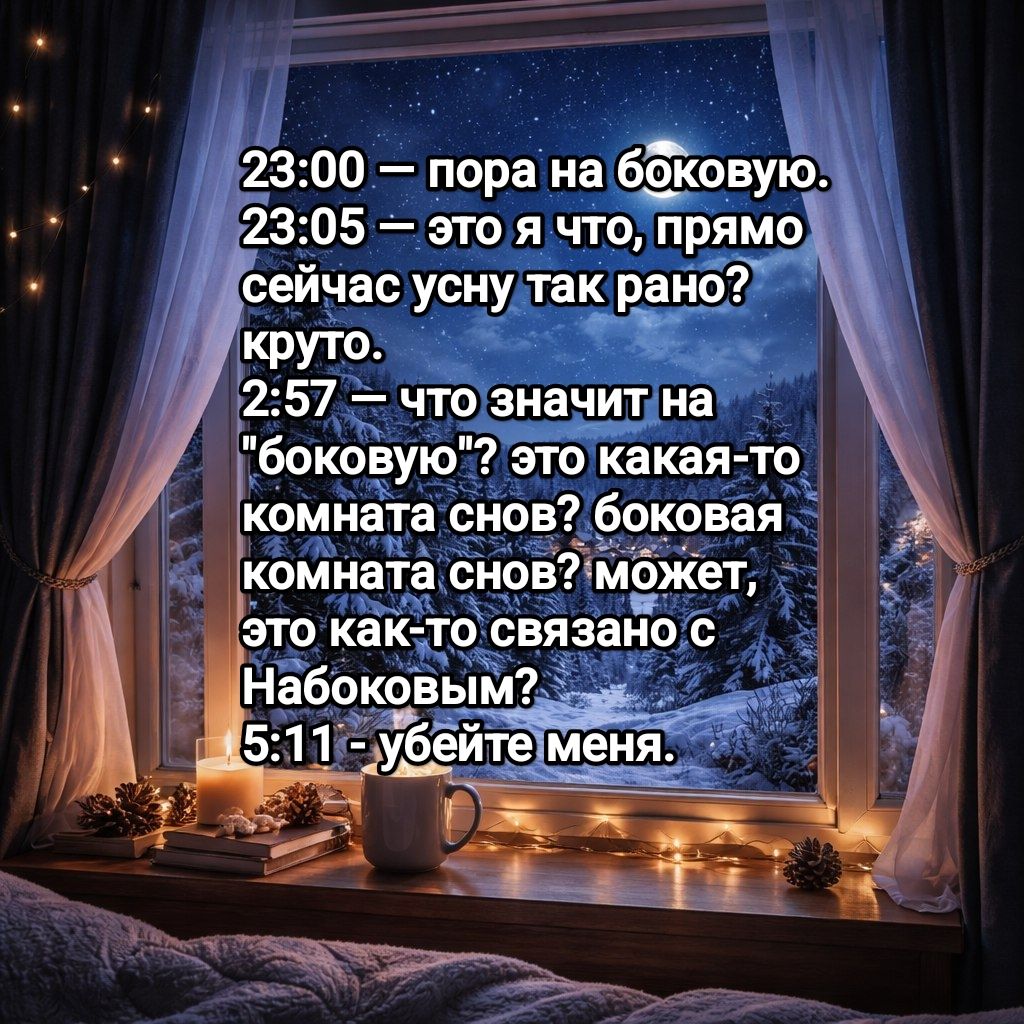 23:00 — пора на боковую.
23:05 — это я что, прямо сейчас усну так рано? круто.
2:57 — что значит на 
