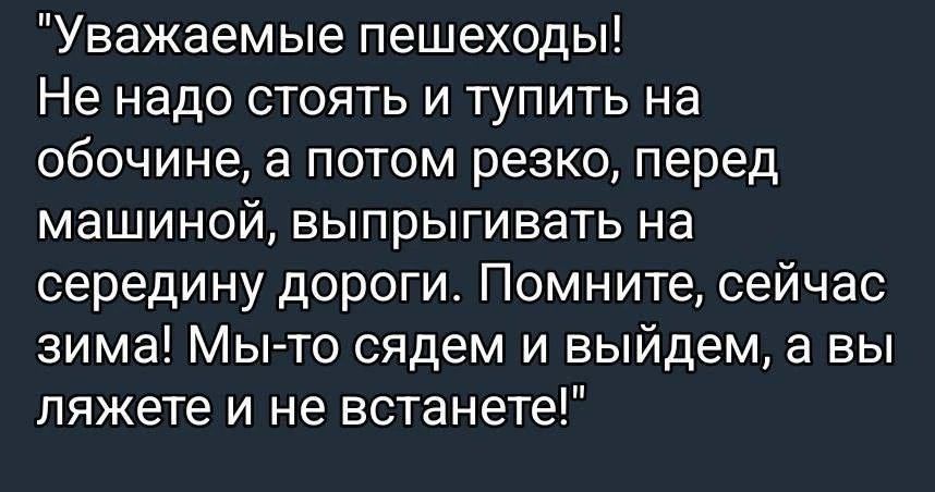 Уважаемые пешеходы! Не надо стоять и тупить на обочине, а потом резко, перед машиной, выпрыгивать на середину дороги. Помните, сейчас зима! Мы-то сядем и выйдем, а вы ляжете и не встанете!