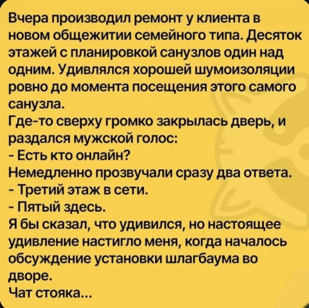 Вчера произвел ремонт у клиента в новом общежитии семейного типа. Десяток этажей с планировкой санузлов один над одним. Удивлялся хорошей шумоизоляции ровно до момента посещения этого самого санузла. Где-то сверху громко закрылась дверь, и раздался мужской голос: - Есть кто онлайн? Немедленно прозвучали сразу два ответа. - Третий этаж в сети. - Пят