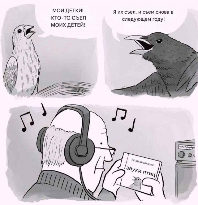 МОИ ДЕТКИ! КТО-ТО СЪЁЛ МОИХ ДЕТЕЙ! Я их съел, и съем снова в следующем году! Непосредственно на рисунке изображены птицы и человек с наушниками, держащий диск «Звуки птиц».