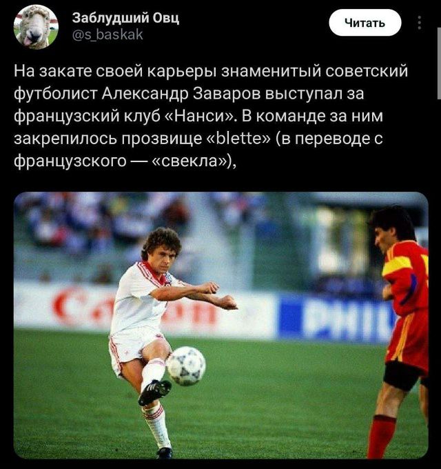 Заблудший Овц @s_baskak Читaтtь На закате своей карьеры знаменитый советский футболист Александр Заваров выступил за французский клуб «Нансi». В команде за ним закрепилось прозвище «blette» (в переводе с французского — «свекла»),