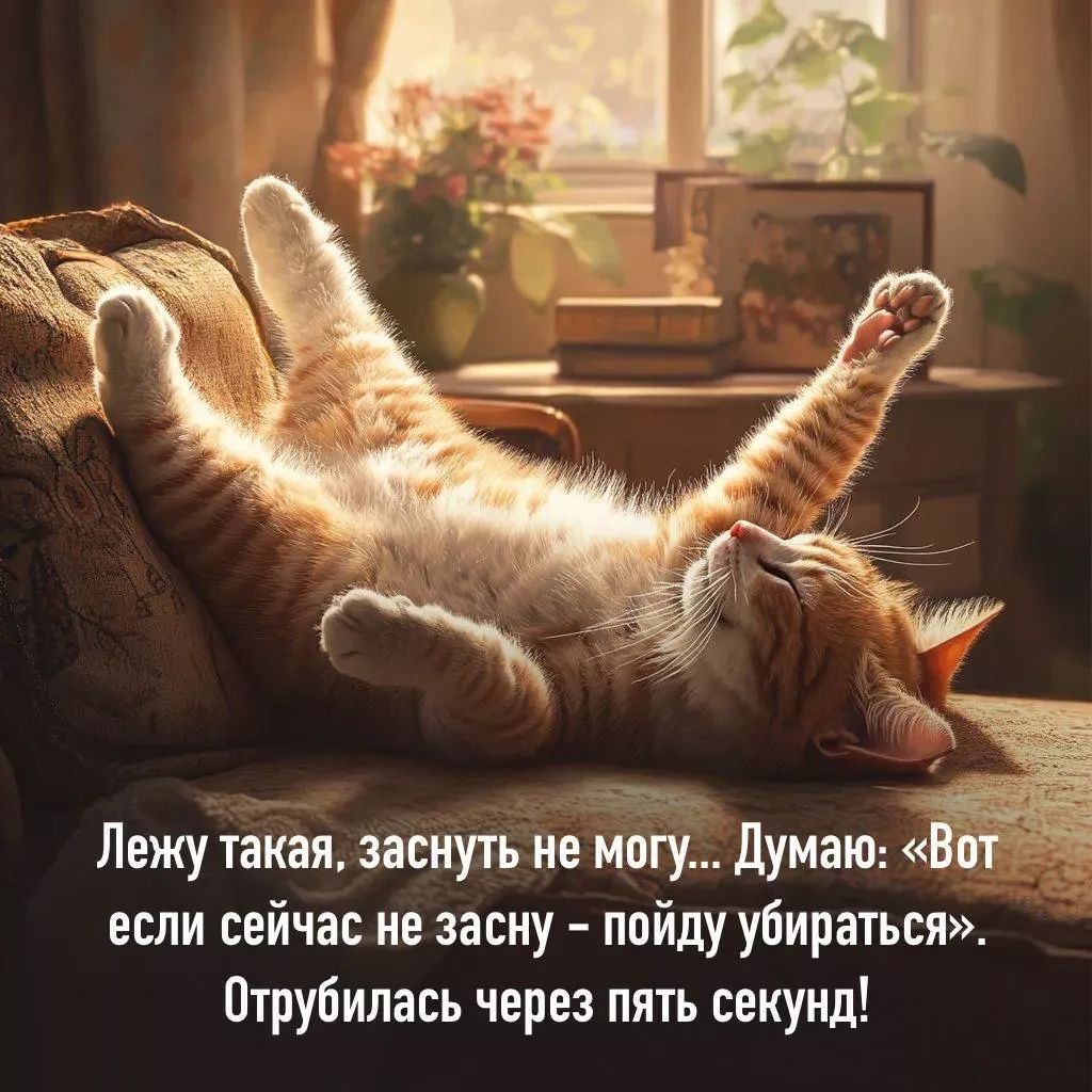 Лежу такая, заснуть не могу... Думаю: «Вот если сейчас не засну - пойду убираться». Отругилась через пять секунд!