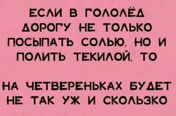 ЕСЛИ В ГОЛОЛЁДЕ ДОРОГУ НЕ ТОЛЬКО ПОСЫПАТЬ СОЛЬЮ, НО И ПОЛИТЬ ТЕКИЛОЙ, ТО НА ЧЕТВЕРЕНЬКАХ БУЕТ НЕ ТАК УЖ И СКОЛЬЗКО