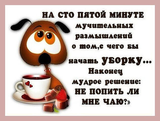 На сто пятой минуте мучительных размышлений о том, с чего бы начать уборку... Наконец мудрое решение: НЕ ПОПИТЬ ЛИ МНЕ ЧАЮ?