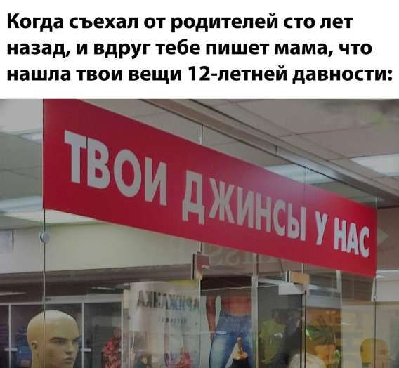 Когда съехал от родителей сто лет назад, и вдруг тебе пишет мама, что нашла твои вещи 12-летней давности:
ТВОИ ДЖИНСЫ У НАС