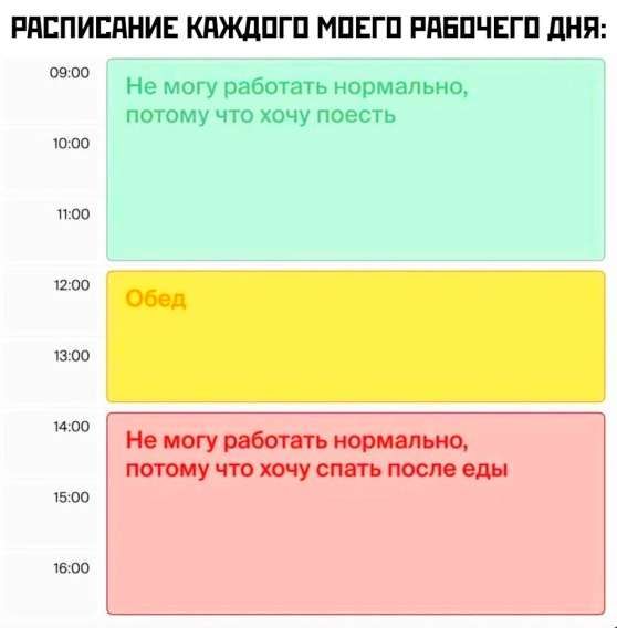 РАСПИСАНИЕ КАЖДОГО МОЕГО РАБОЧЕГО ДНЯ:
09:00 Не могу работать нормально, потому что хочу поесть
12:00 Обед
14:00 Не могу работать нормально, потому что хочу спать после еды