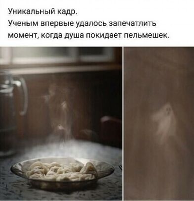 Уникальный кадр. Учёным впервые удалось запечатлеть момент, когда душа покидает пельмешек.