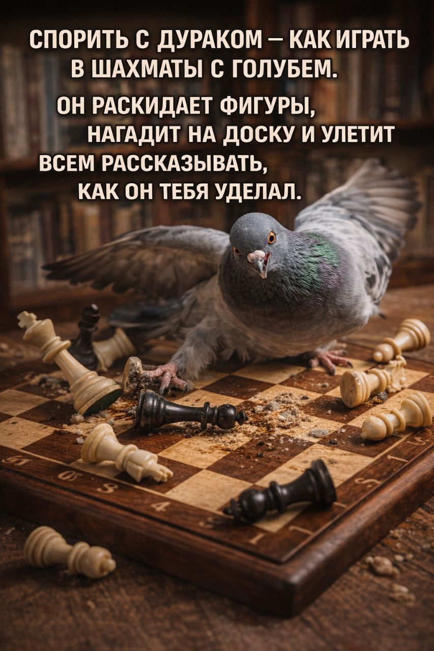 СПОРИТЬ С ДУРАКОМ – КАК ИГРАТЬ В ШАХМАТЫ С ГОЛУБЕМ. ОН РАСКИДАЕТ ФИГУРЫ, НАГАДИТ НА ДОСКУ И УЛЕТИТ ВСЕМ РАССКАЗЫВАТЬ, КАК ОН ТЕБЯ УДЕЛАЛ.