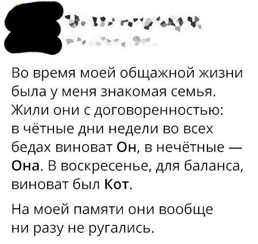 Во время моей общажной жизни была у меня знакомая семья. Жили они с договоренностью: в чётные дни недели во всех бедах виноват Он, в нечётные — Она. В воскресенье, для баланса, виноват был Кот. На моей памяти они вообще ни разу не ругались.