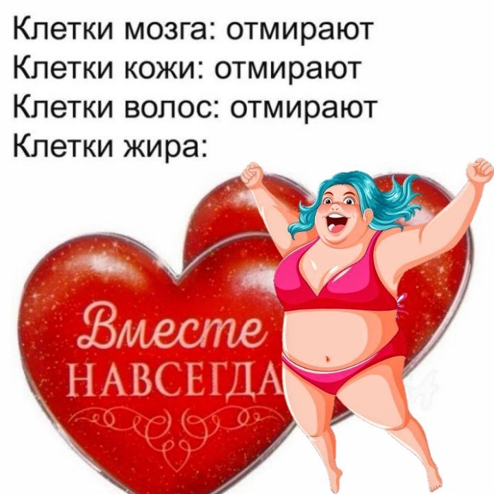 Клетки мозга: отмирают
Клетки кожи: отмирают
Клетки волос: отмирают
Клетки жира:
Вместе навсегда