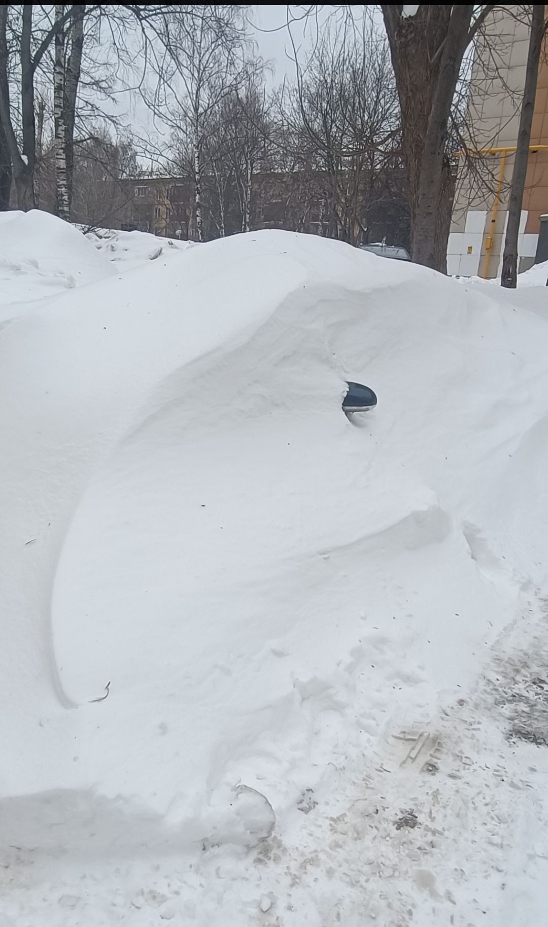 Большой сугроб снега на улице. В сугробе заметен круглый лючок/отверстие синим металлом, возможно вентиляция. На фоне деревья и здания.