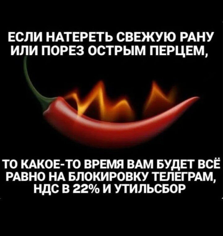 ЕСЛИ НАТЕРЕТЬ СВЕЖУЮ РАНУ ИЛИ ПОpЕЗ ОСТРЫМ ПЕРЦЕМ, ТО КАКОЕ-ТО ВРЕМЯ ВАМ БУДЕТ ВСЁ РАВНО НА БЛОКИРОВКУ ТЕЛЕГРАМ, НДС В 22% И УТИЛЬСБОР