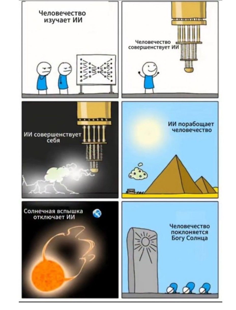 Человечество изучает ИИ. Человечество совершенствует ИИ. ИИ совершенствует себя. ИИ порабощает человечество. Солнечная вспышка отключает ИИ. Человечество поклоняется Богу Солнца.