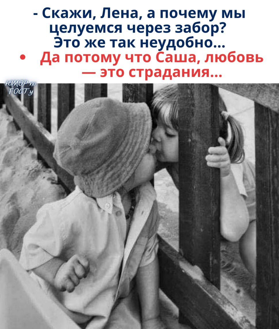 - Скажи, Лена, а почему мы целуемся через забор? Это же так неудобно...\n• Да потому что Саша, любовь — это страдания...
