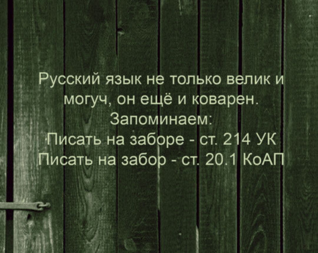 Русский язык не только велик и могуч, он ещё и коварен. Запоминаем: Писать на заборе - ст. 214 УК Писать на забор - ст. 20.1 КоАП