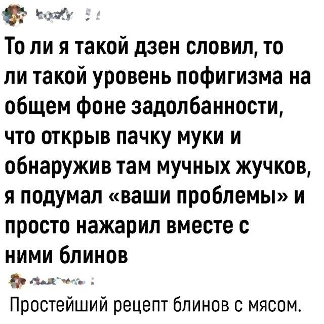 То ли я такой дзен словил, то ли такой уровень пофигизма на общем фоне задолбанности, что открыл пачку муки и обнаружив там мучных жучков, я подумал «ваши проблемы» и просто нажарил вместе с ними блинов
Простейший рецепт блинов с мясом.
