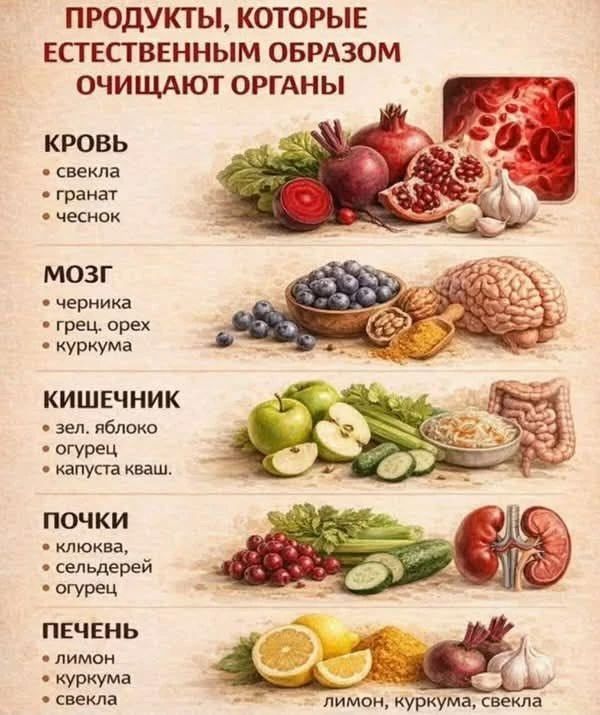 ПРОДУКТЫ, КОТОРЫЕ ЕСТЕСТВЕННЫМ ОБРАЗОМ ОЧИЩАЮТ ОРГАНЫ
КРОВЬ
свекла
гранат
чеснок
МОЗГ
черника
грец. орех
куркума
КИШЕЧНИК
зел. яблоко
огурец
капуста кваш.
ПОЧКИ
клюква
сельдерей
огурец
ПЕЧЕНЬ
лимон
куркума
свекла