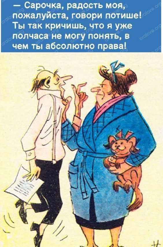 — Сарачочка, радость моя, пожалуйста, говори потише! Ты так кричишь, что я уже полчаса не могу понять, в чем ты абсолютно права!