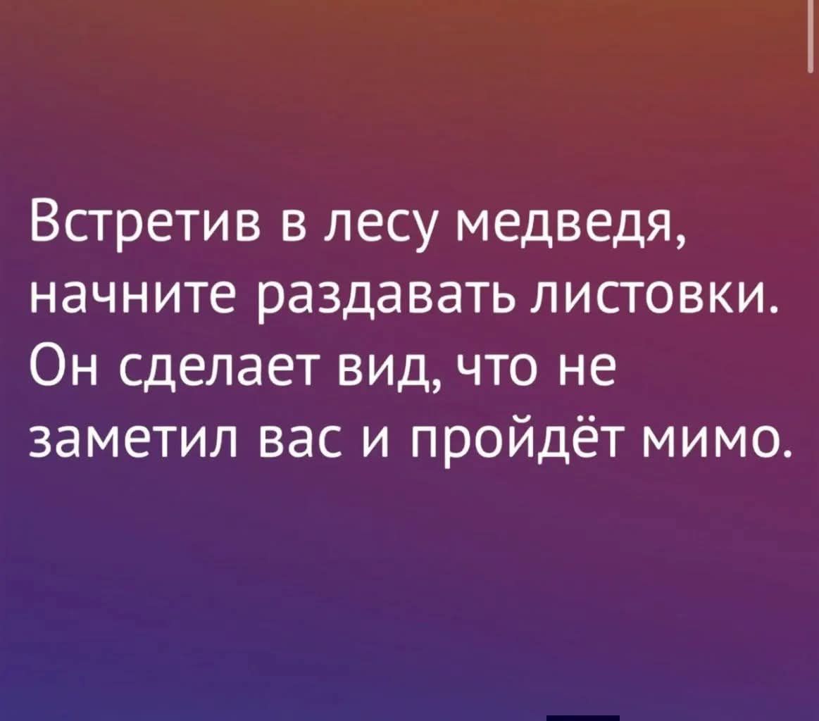Встретив в лесу медведя, начните раздавать листовки. Он сделает вид, что не заметил вас и пройдёт мимо.