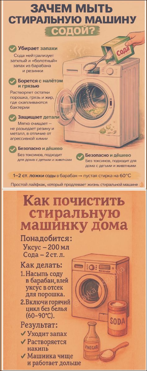 ЗАЧЕМ МЫТЬ СТИРАЛЬНУЮ МАШИНУ СОДОЙ? 
Убирает запахи: Сода нейтрализует затхлый и «болотные» запахи из барабана и резиновых уплотнений.
Борется с налётом и грязью: Растворяет остатки порошка, грязи и жира, где скопились бактерии.
Защищает детали: Мягко очищает — не разъедает резину и металл, в отличие от агрессивной химии.
Безопасно и дешево: Без то