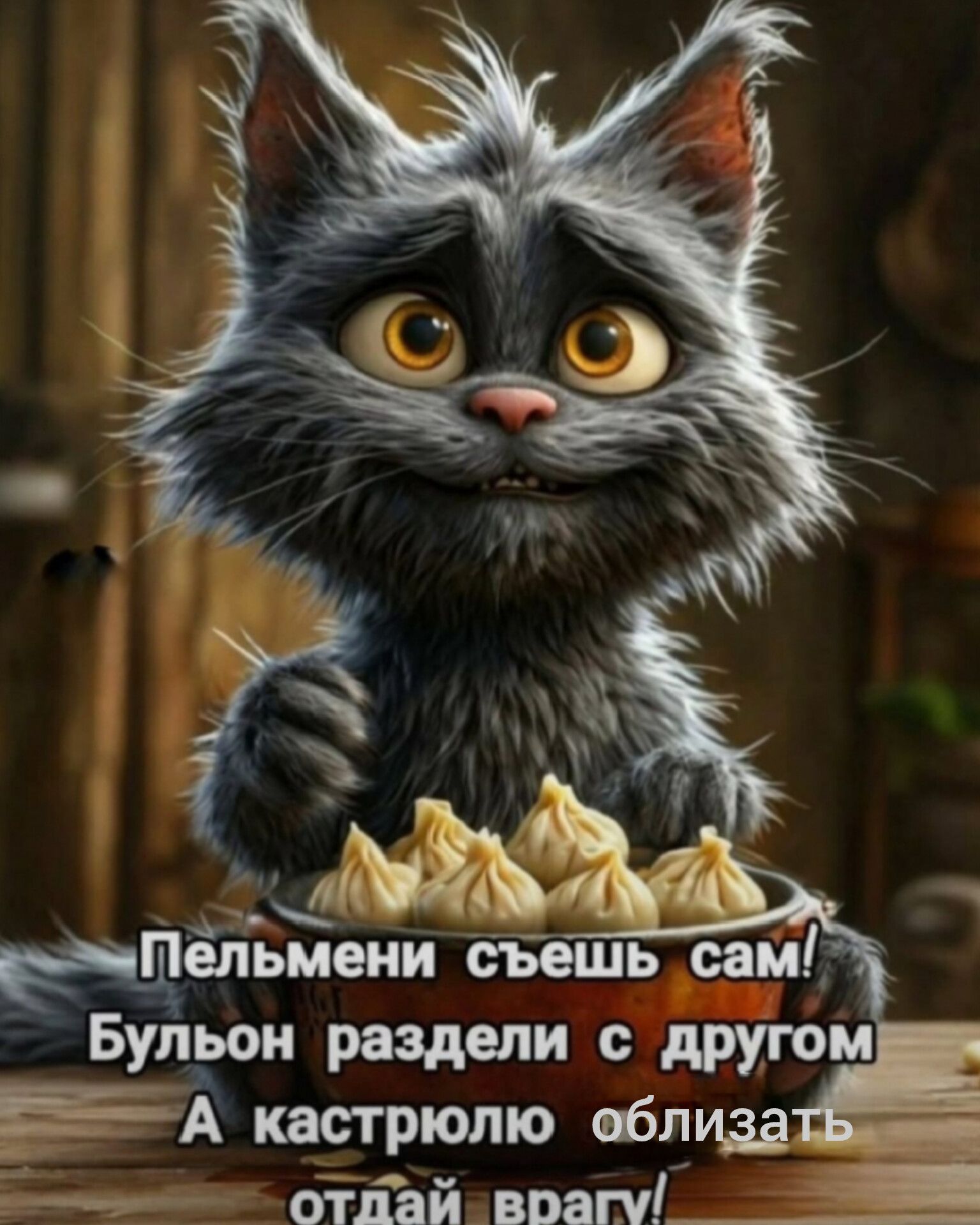 Пельмени съешь сам!
Бульон раздели с другом
А кастрюлю облизывать отдай врагу!