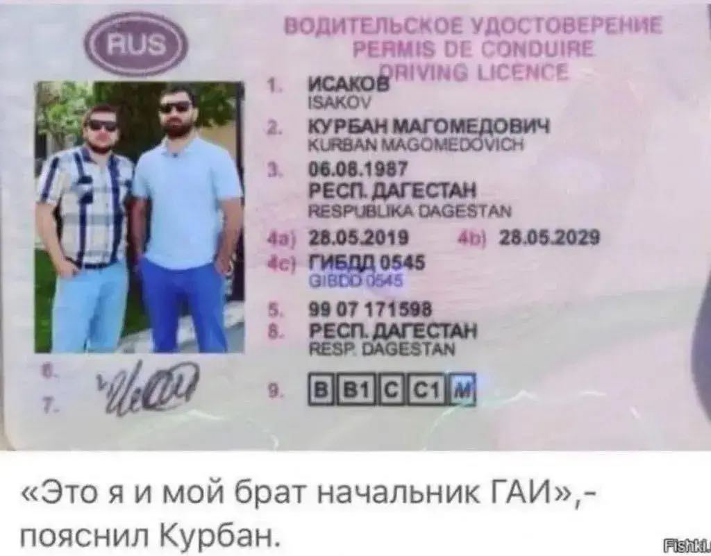 RUS
водительское удостоверение
PERMIS DE CONDUIRE
DRIVING LICENCE

1. ИСАКОВ ISAKOV
2. КУРБАН МАГОМЕДОВИЧ KURBAN MAGOMEDOVICH
3. 06.08.1987
4) РЕСП. ДАГЕСТан
RESPUBLICA DAGESTAN
4) 28.05.2019 4) 28.05.2029
4c) ГИБДД 0545
5. 99 07 171 598
6. РЕСП. ДАГЕСТАН
7. РЕСП. ДАГЕСТАН
8.  –  –  –
9. B | B1 | C1 | M

«Это я и мой брат начальник ГАИ», - пояснил 