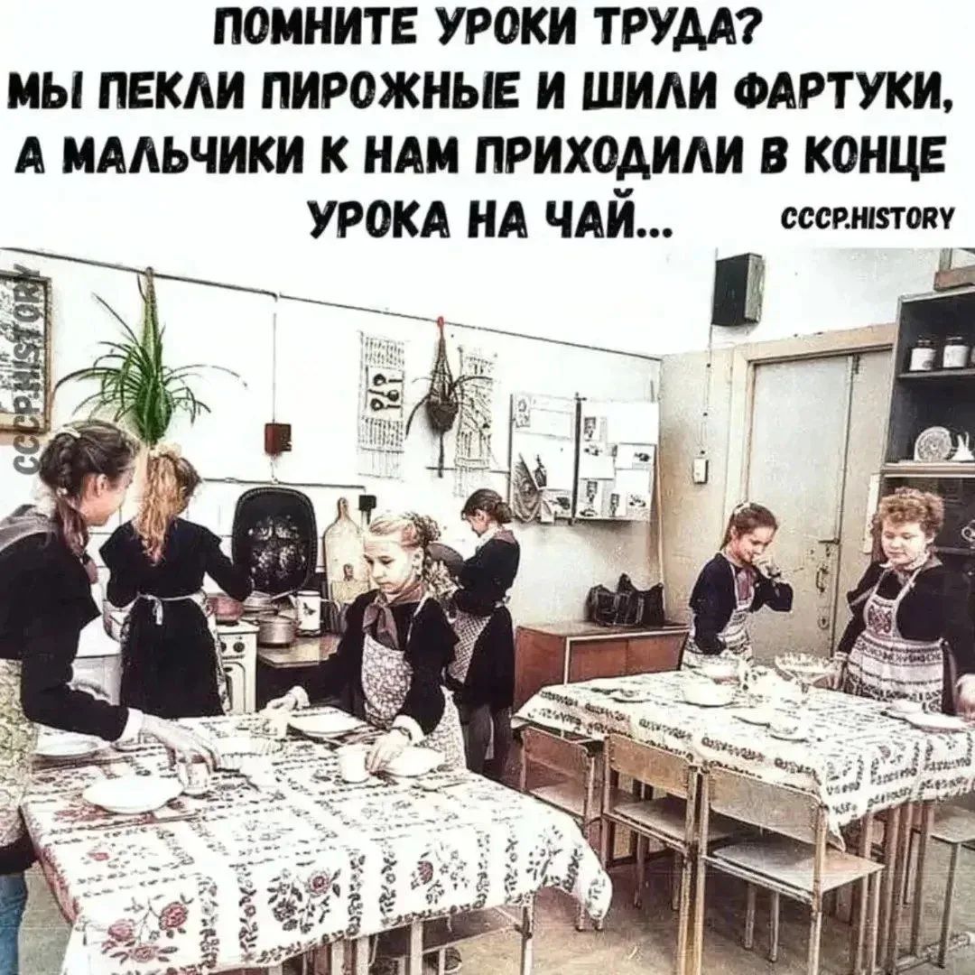 ПОМНИТЕ УРОКИ ТРУДА?\nМЫ ПЕКЛИ ПИРОЖНЫЕ И ШИЛИ ФАРТУКИ,\nА МАЛЬЧИКИ К НАМ ПРИХОДИЛИ В КОНЦЕ\nУРОКА НА ЧАЙ...\nСССР.HISTORY