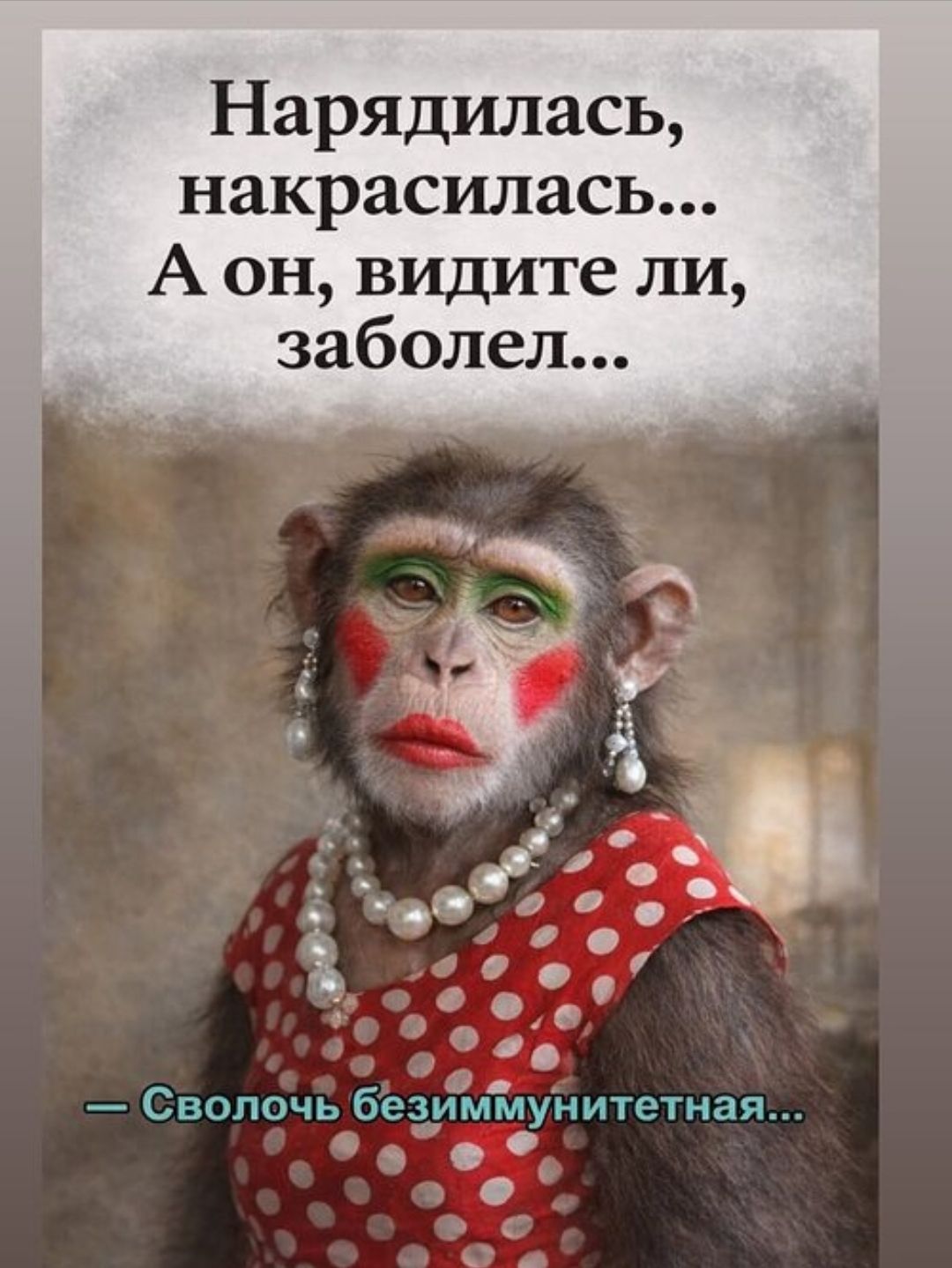 Нарядилась, накрасилась... А он, видите ли, заболел... — Сволочь безиммунитетная...