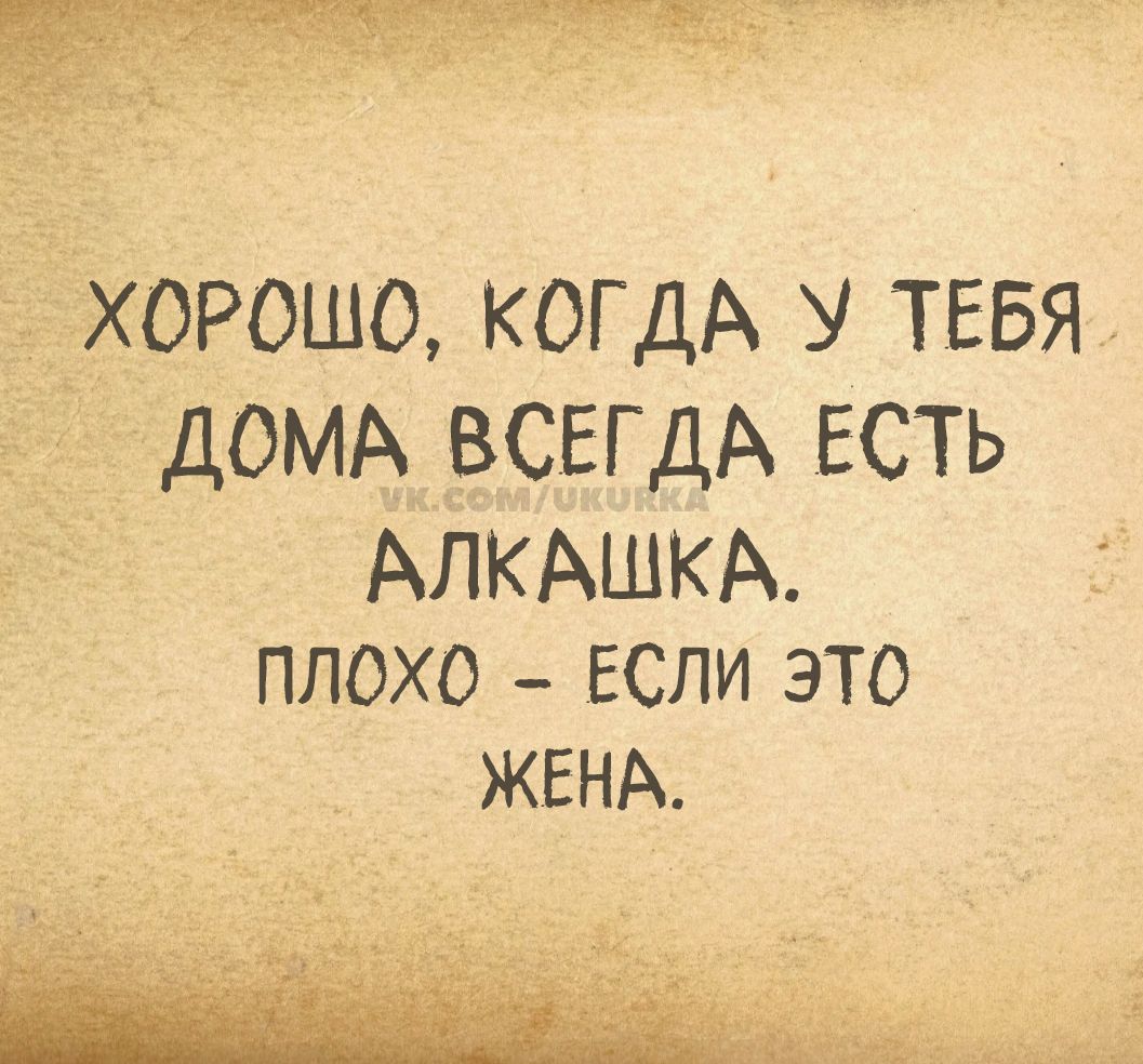 ХОРОШО, КОГДА У ТЕБЯ ДОМА ВСЕГДА ЕСТЬ АЛКАШКА. ПЛОХО - ЕСЛИ ЭТО ЖЕНА.
