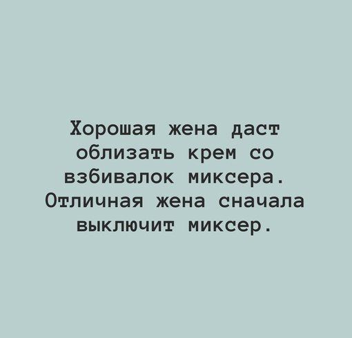 Хорошая жена даст облизать крем со взбивалок миксера. Отличная жена сначала выключит миксер.