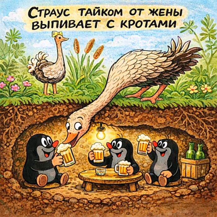 Страус тайком от жены выпивает с крокотами