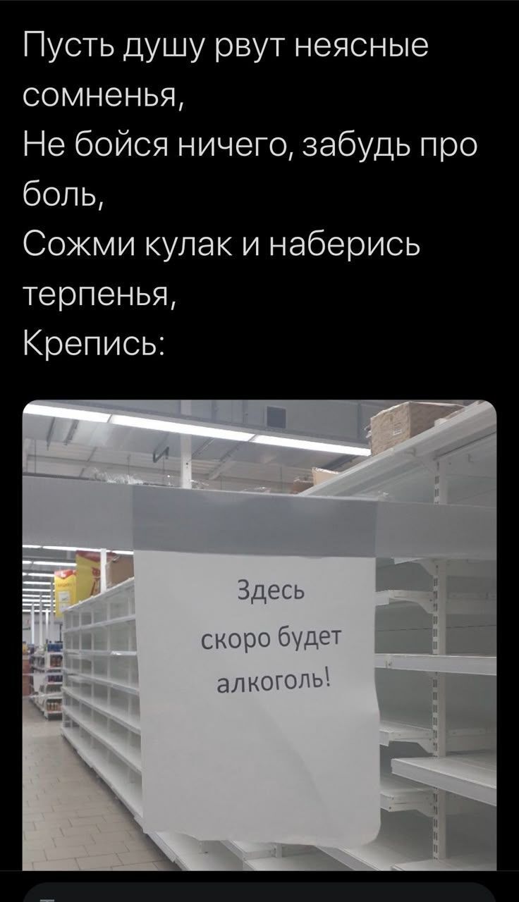 Пусть душу рвут неясные сомнения,
Не бойся ничего, забудь про боль,
Сожми кулак и наберься терпенья,
Крепись:

Здесь скоро будет алкоголь!