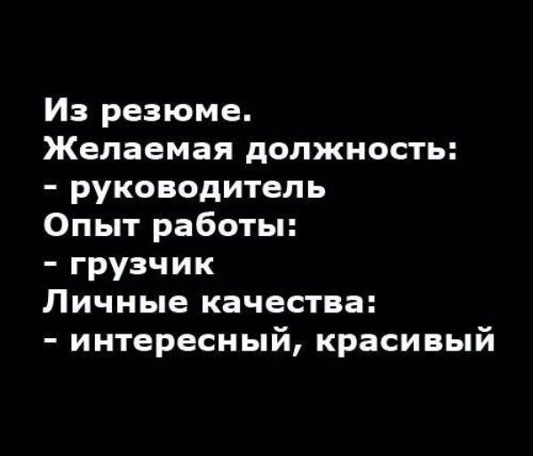 Из резюме. Желаемая должность: - руководитель Опыт работы: - грузчик Личные качества: - интересный, красивый