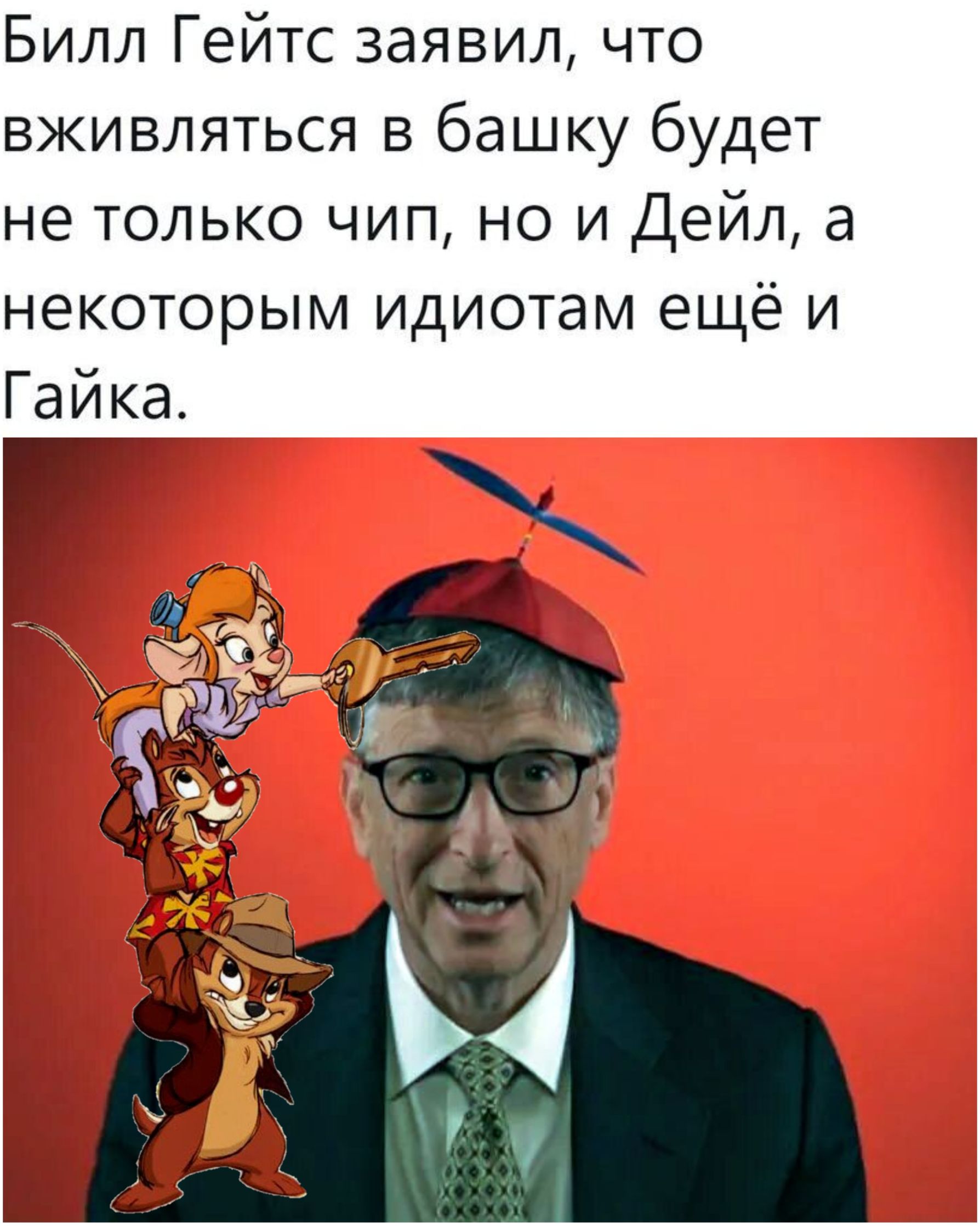Билл Гейтс заявил, что вживляться в башку будет не только чип, но и Дейл, а некоторым идиотам ещё и Гайка.