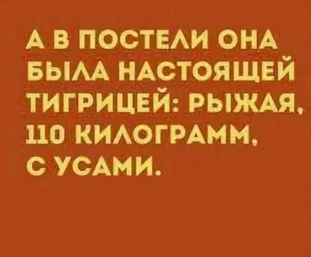 А в постели она была настоящей тигрицей: рыжая, 110 килограммм, с усами.