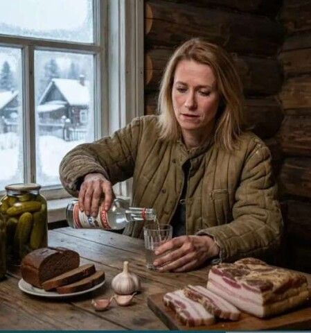 Женщина в коричневой куртке стоит за деревянным столом и льёт напиток из бутылки в стакан. На столе лежат нарезанный хлеб, куски сала, чеснок, банка с огурцами и кусок пирога/торта. На улице видна снежная зима через окно.