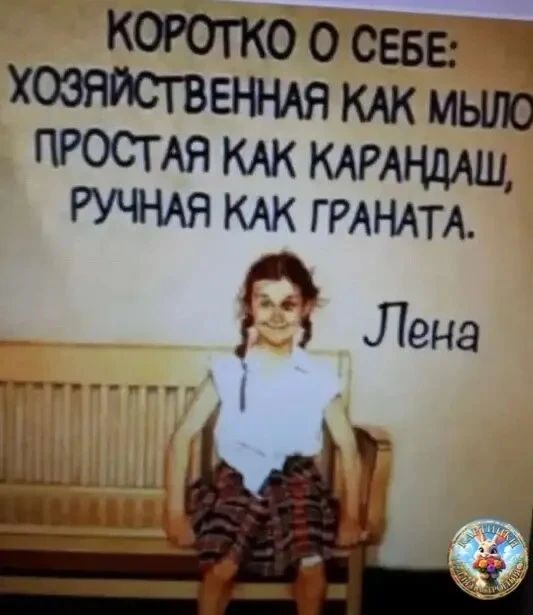 Коротко о себе: хозяйственная как мыло простая как карандаш, ручная как граната. Лена