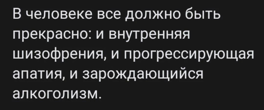 В человеке все должно быть прекрасно: и внутренняя шизофрения, и прогрессирующая апатия, и зарождающийся алкоголизм.