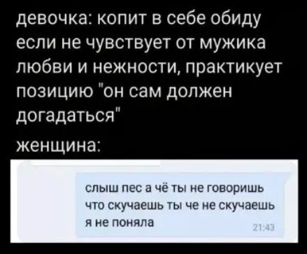 девочка: копит в себе обиду если не почувствует от мужика любви и нежности, практикует позицию 'он сам должен догадаться' женщина: 
слыш пёс а чё ты не говоришь что скучаешь ты че не скучаешь я не поняла