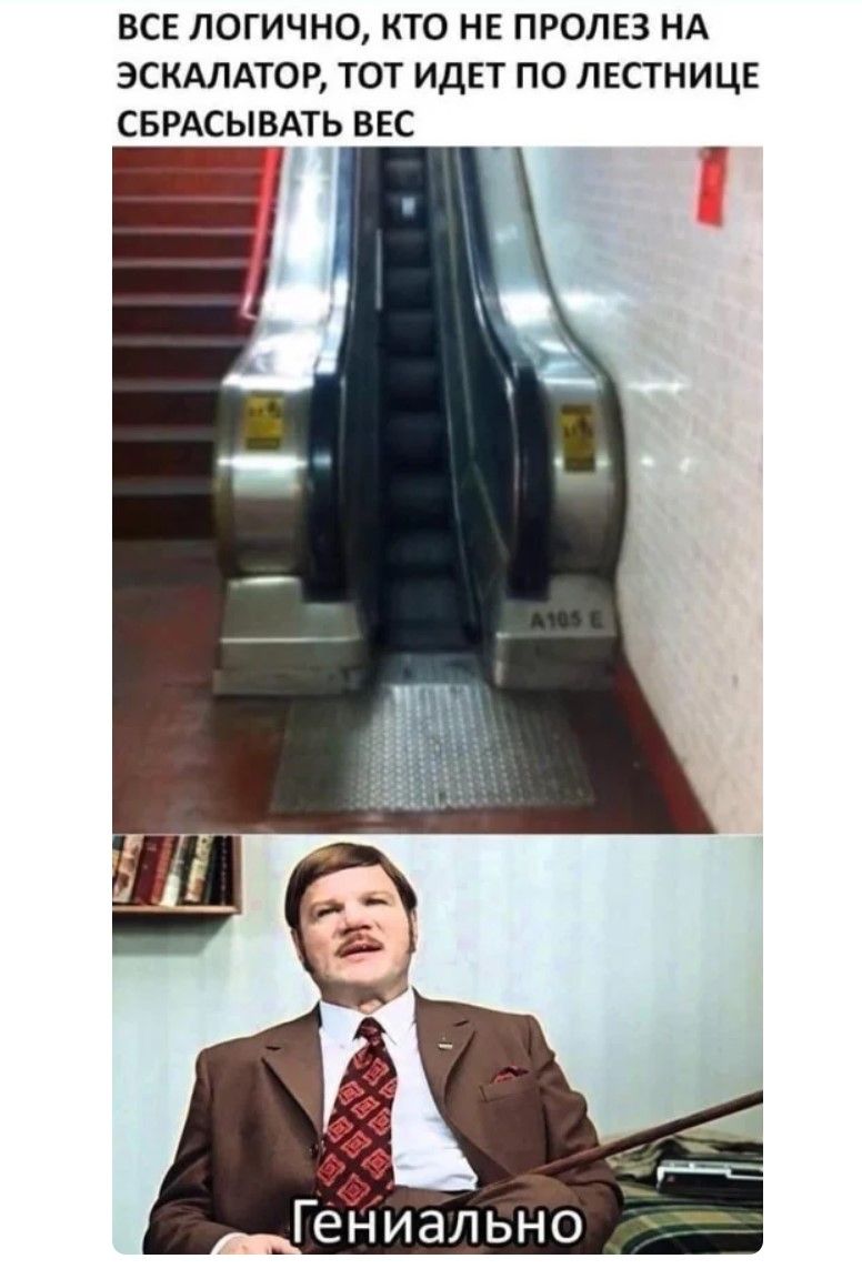 ВСЕ ЛОГИЧНО, КТО НЕ ПРОЛЕЗ НА ЭСКАЛАТОР, ТОТ ИДЕТ ПО ЛЕСТНИЦЕ СБРАСЫВАВАТЬ ВЕС
Гениально