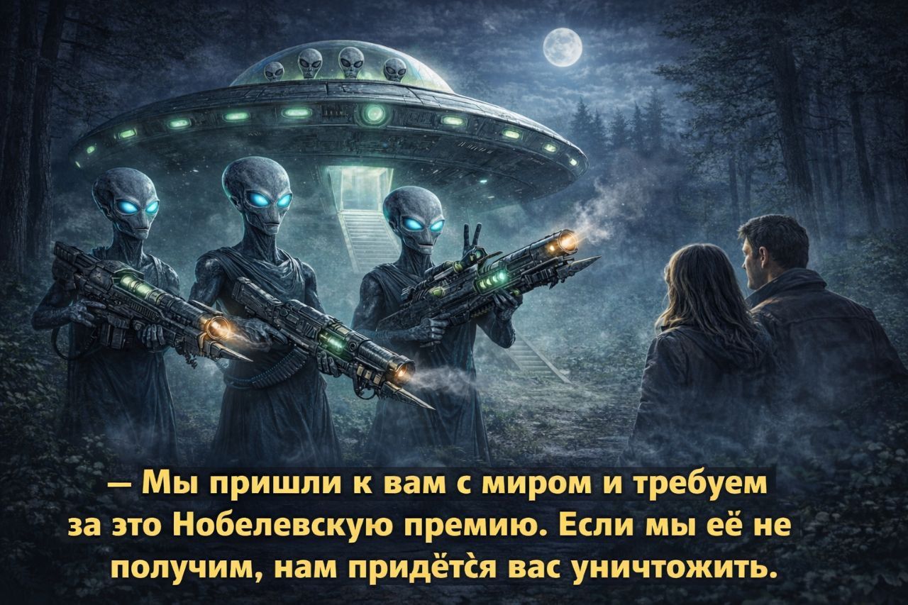— Мы пришли к вам с миром и требуем за это Нобелевскую премию. Если мы её не получим, нам придётся вас уничтожить.