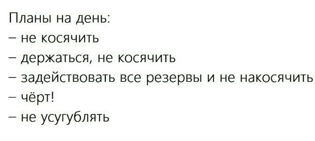 Планы на день:\n— не косячить\n— держаться, не косячить\n— задействовать все резервы и не накосоять\n— чёрт!\n— не усугублять