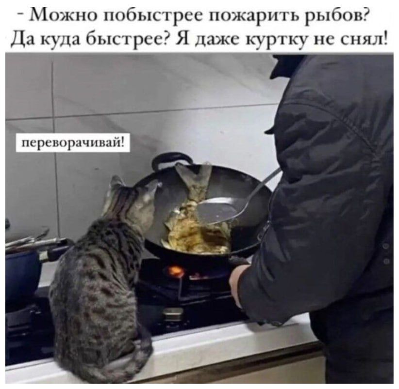 Можно побыстрее пожарить рыбок? Да куда быстрее? Я даже куртку не снял!
переворачивай!