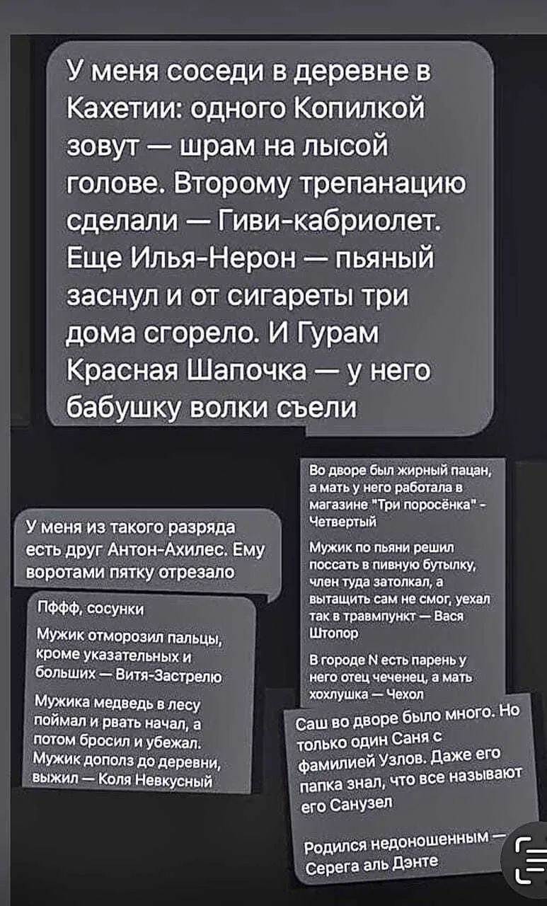 У меня соседи в деревне в Кахети: одного Копилкой зовут — шрам на лысой голове. Второму трепанацию сделали — Гиви-кабриолет. Ещё Илья-Нерон — пьяный заснул и от сигареты три дома сгорело. И Гурам Красная Шапочка — у него бабушку волки съели 

Во дворе был жирный пацан, а мать у него работала в магазине 