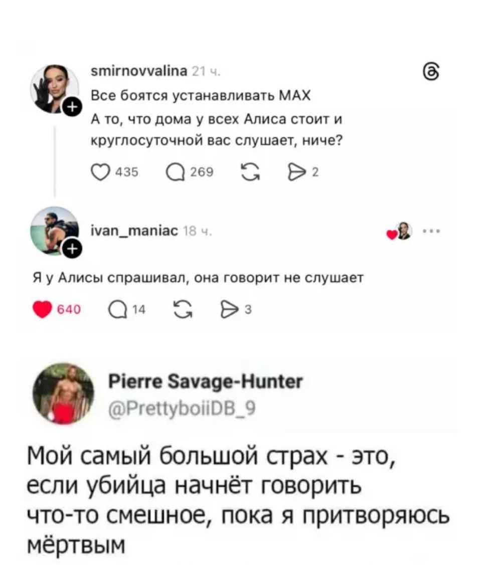 Все боятся устанавливать MAX А то, что дома у всех Алиса стоит и круглосуточной вас слушает, ниче? Я у Алисы спрашивал, она говорит не слушает Мой самый большой страх - это, если убийца начнёт говорить что-то смешное, пока я притворяюсь мёртвым